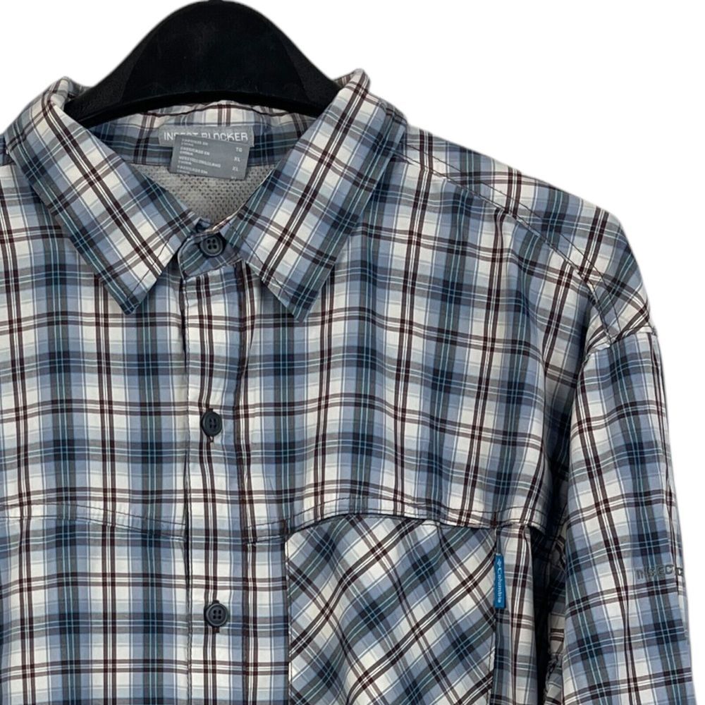 Columbia Mens XL Lightweight Wicking Nylon Long‎ Sleeve Button Up Blue Plaid